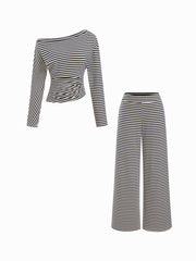 Cotton-blend Asymmetrical Neck Striped Top & Mid Rise Wide Leg Trousers Set
