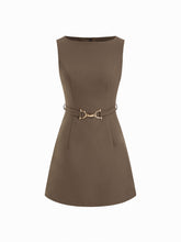 Boat Neck Metal Detail Zipper Mini Dress With Belt