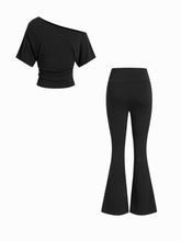 Asymmetrical Neck Ruched Top & Mid Rise Flared Trousers Set