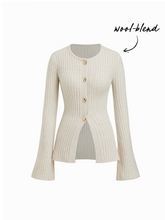 Knit Wool-blend Round Neckline Bell Sleeve Split Front Metal Button Cardigan