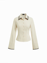 Corduroy Polo Bell Sleeve Contrasting Binding Blouse