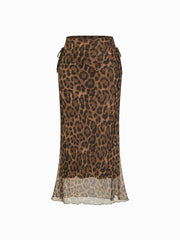 Mid Rise Leopard Drawstring Ruched Mermaid Midi Skirt