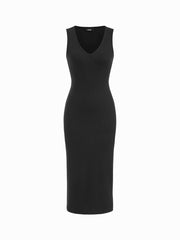 V-neck Solid Straight Maxi Dress