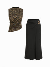 Leopard Print Stand Collar Top & Mid Rise Metal Detail Maxi Skirt Set