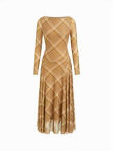 Mesh Boat Neck Plaid Asymmetrical Flared Maxi Dress