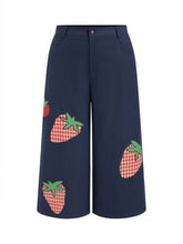 100% Cotton Mid Rise Strawberry Appliques Wide Leg Trousers Curve & Plus