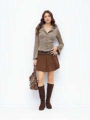 Houndstooth Collar Lettuce Trim Bell Sleeve Top