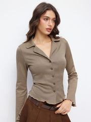 Houndstooth Collar Lettuce Trim Bell Sleeve Top
