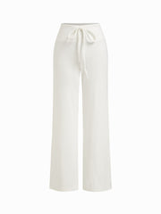 Cotton-blend Mid Rise Drawstring Wide Leg Trousers