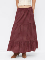 Cotton Mid Rise Plaid Flared Maxi Skirt