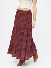 Cotton Mid Rise Plaid Flared Maxi Skirt