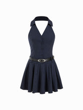 Halter Neckline Striped Mini Flared Dress With Belt