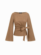 Boat Neck Textured Side Knotted Ruched Long Sleeve Top