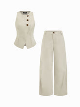 Round Neck Button Front Split Top & High Rise Wide Leg Trousers Set