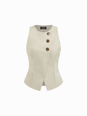 Round Neck Button Front Split Top & High Rise Wide Leg Trousers Set