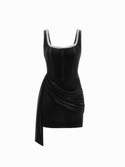 Velvet U-neckline Rhinestone Draped Ruched Corset Mini Dress