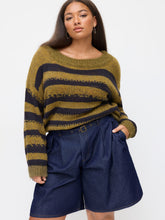 Denim Mid Rise Pleated Bermuda Jorts With Belt Curve & Plus