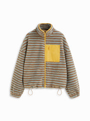 Fleece High Neck Striped Oversized Jacket With Drawstring Hem