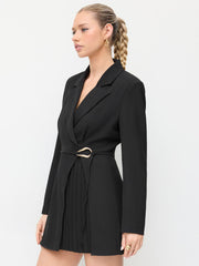 Collar Pleated Metal Detail Mini Dress With Belt