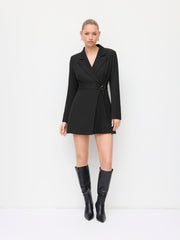 Collar Pleated Metal Detail Mini Dress With Belt