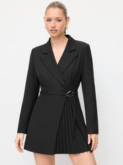 Collar Pleated Metal Detail Mini Dress With Belt