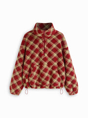 Flannel High Neck Plaid Half Zip Drawstring Oversized Sweatshirt