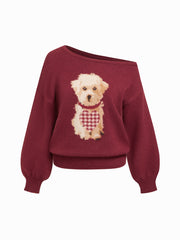 Knit Asymmetrical Neck Puppy Pattern Top