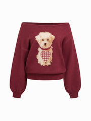 Knit Asymmetrical Neck Puppy Pattern Top