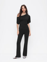 Asymmetrical Neck Ruched Top & Mid Rise Flared Trousers Set