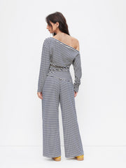 Cotton-blend Asymmetrical Neck Striped Top & Mid Rise Wide Leg Trousers Set