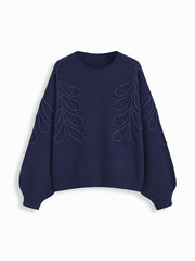 Knit Round Neckline Leaf Braid Oversized Sweater