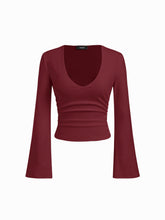 Cotton-blend V-neck Ruched Long Bell Sleeve Cinched Waist Tee