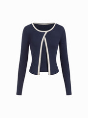 Knit Round Neckline Contrasting Binding Cardigan & Cami Top