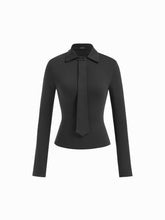 Collar Cotton-blend Collar Long Sleeve Top With Tie