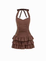 Cotton-blend Halter Neckline Polka Dot Ruched Layered Mini Dress