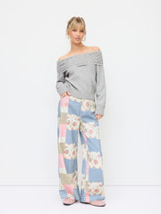 Cotton Mid Rise Floral & Polka Dot & Gingham Colorblock Patched Straight Leg Trousers
