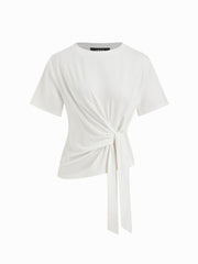 Round Neckline Short Sleeve Ruched Knotted Asymmetrical Hem Tee