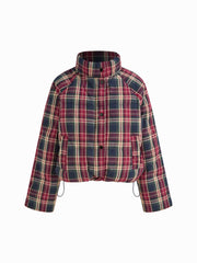 Plaid Stand Collar Drawstring Pocket Puffer Jacket