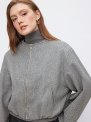 Wool-look Zip Through Lantern Sleeve Jacket