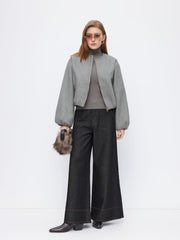Wool-look Zip Through Lantern Sleeve Jacket