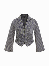 100% Cotton Plaid Collar Bell Sleeve Ruched Cinched Waist Blouse Curve & Plus