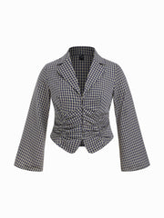 100% Cotton Plaid Collar Bell Sleeve Ruched Cinched Waist Blouse Curve & Plus