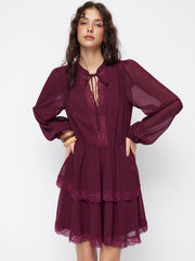 Chiffon Stand Collar Lace Trim Layered Lantern Sleeve Mini Dresses