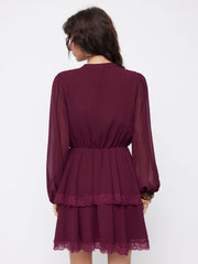 Chiffon Stand Collar Lace Trim Layered Lantern Sleeve Mini Dresses