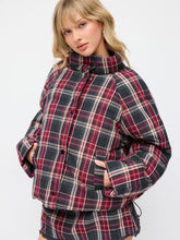Plaid Stand Collar Drawstring Pocket Puffer Jacket