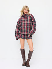 Plaid Stand Collar Drawstring Pocket Puffer Jacket