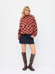 Flannel High Neck Plaid Half Zip Drawstring Oversized Sweatshirt
