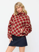 Flannel High Neck Plaid Half Zip Drawstring Oversized Sweatshirt
