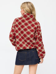 Flannel High Neck Plaid Half Zip Drawstring Oversized Sweatshirt