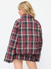 Plaid Stand Collar Drawstring Pocket Puffer Jacket